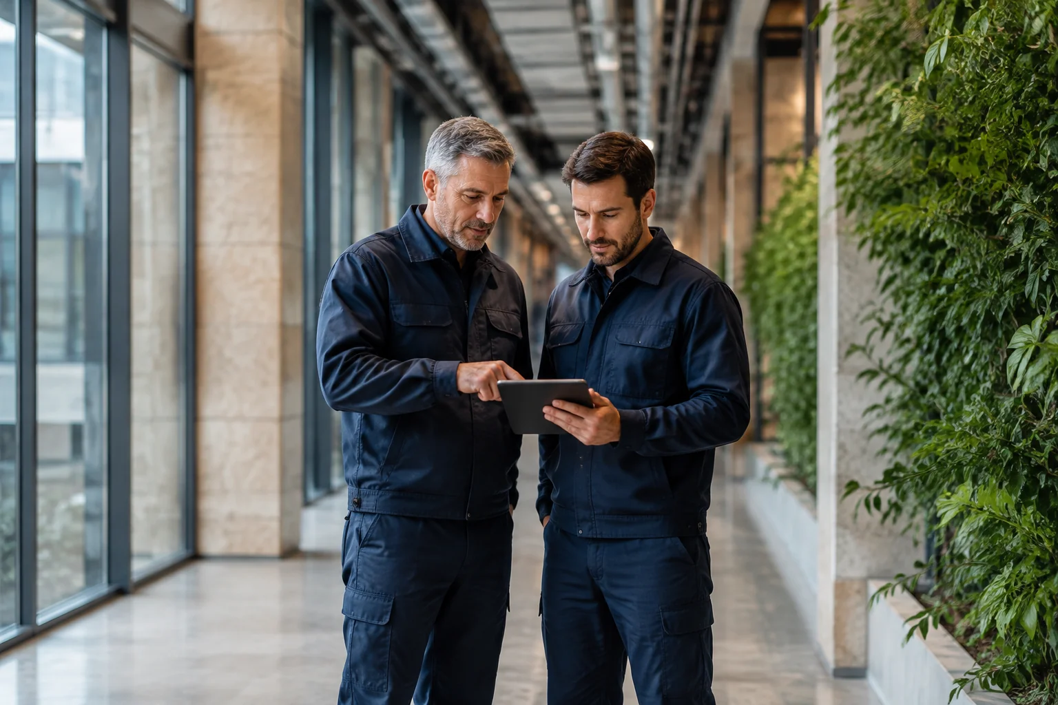 Facility managers reviewing a tablet in a commercial building