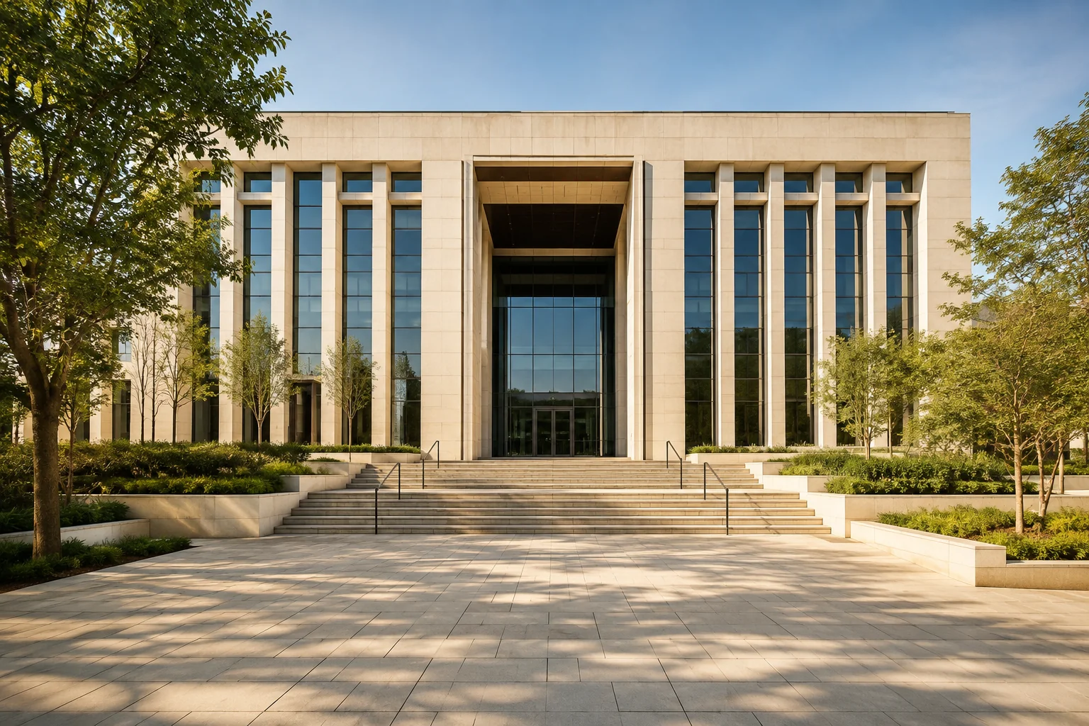 Modern civic administration building and public plaza