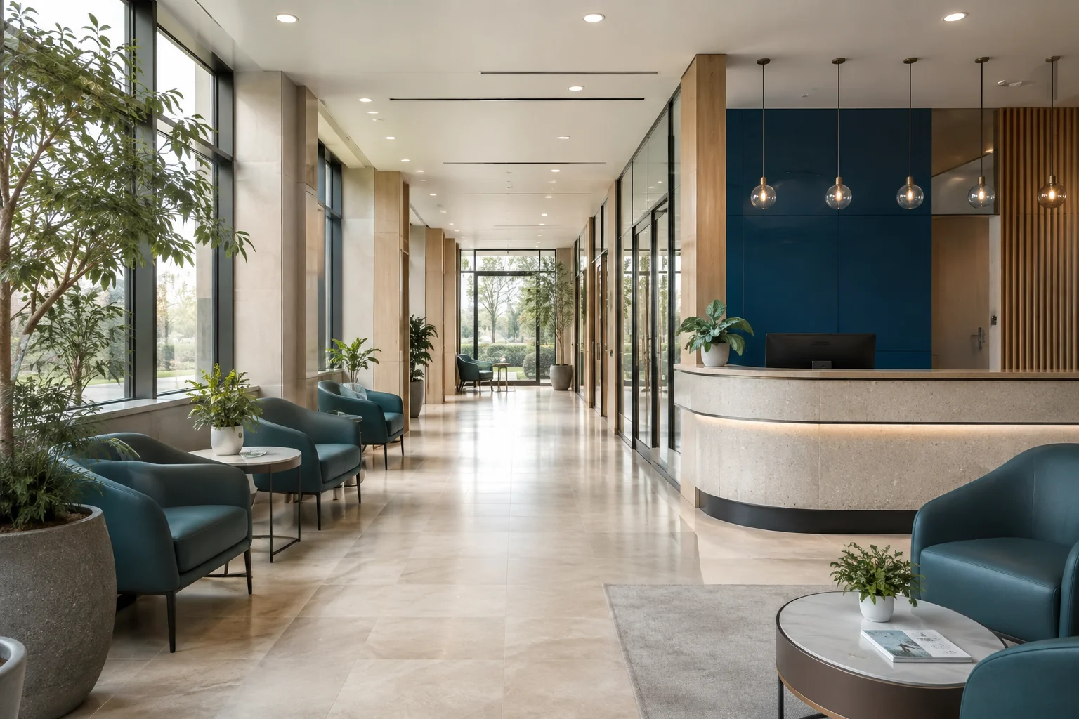 Bright contemporary clinic reception and corridor