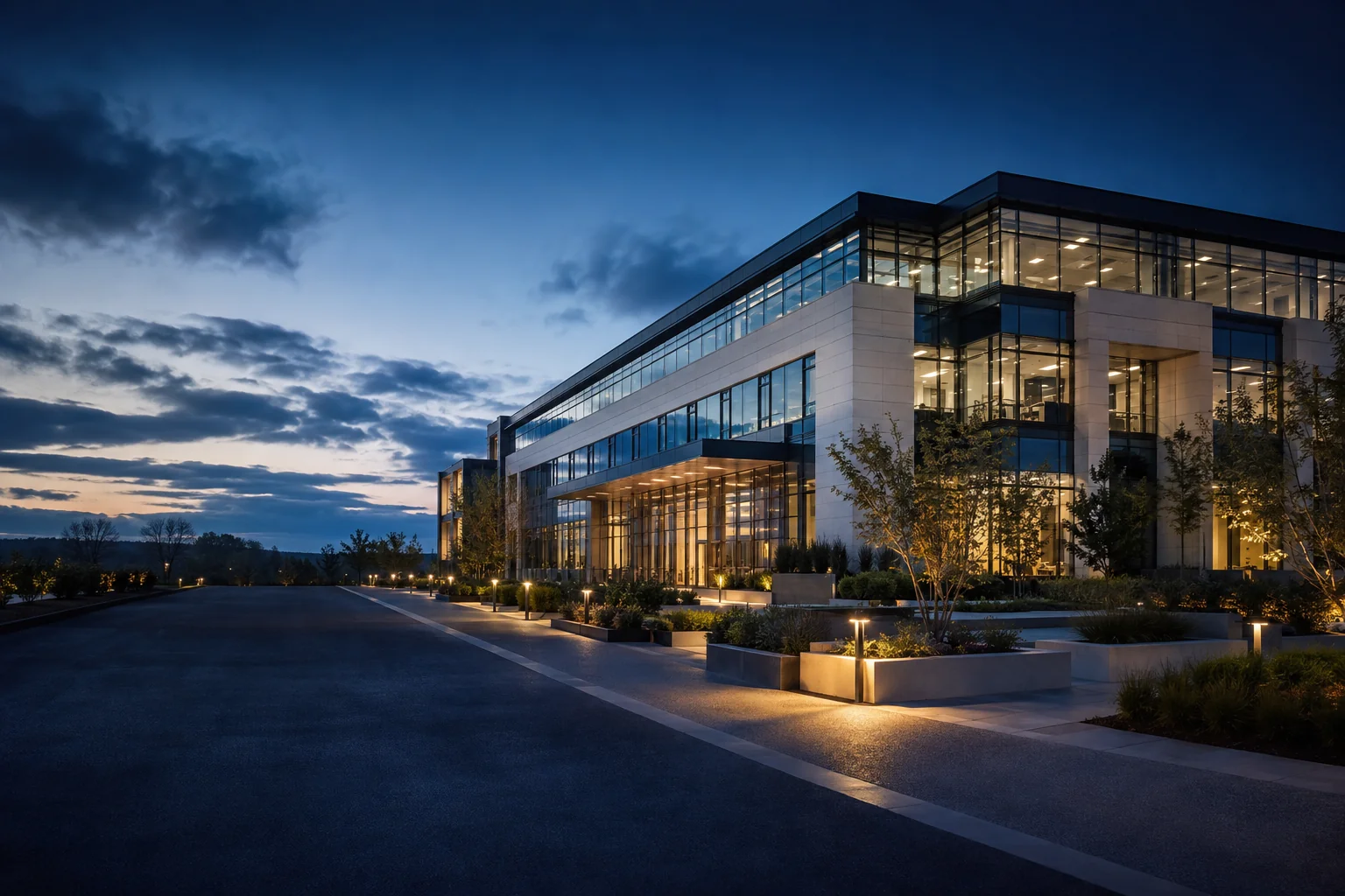 Modern business campus illuminated at dusk