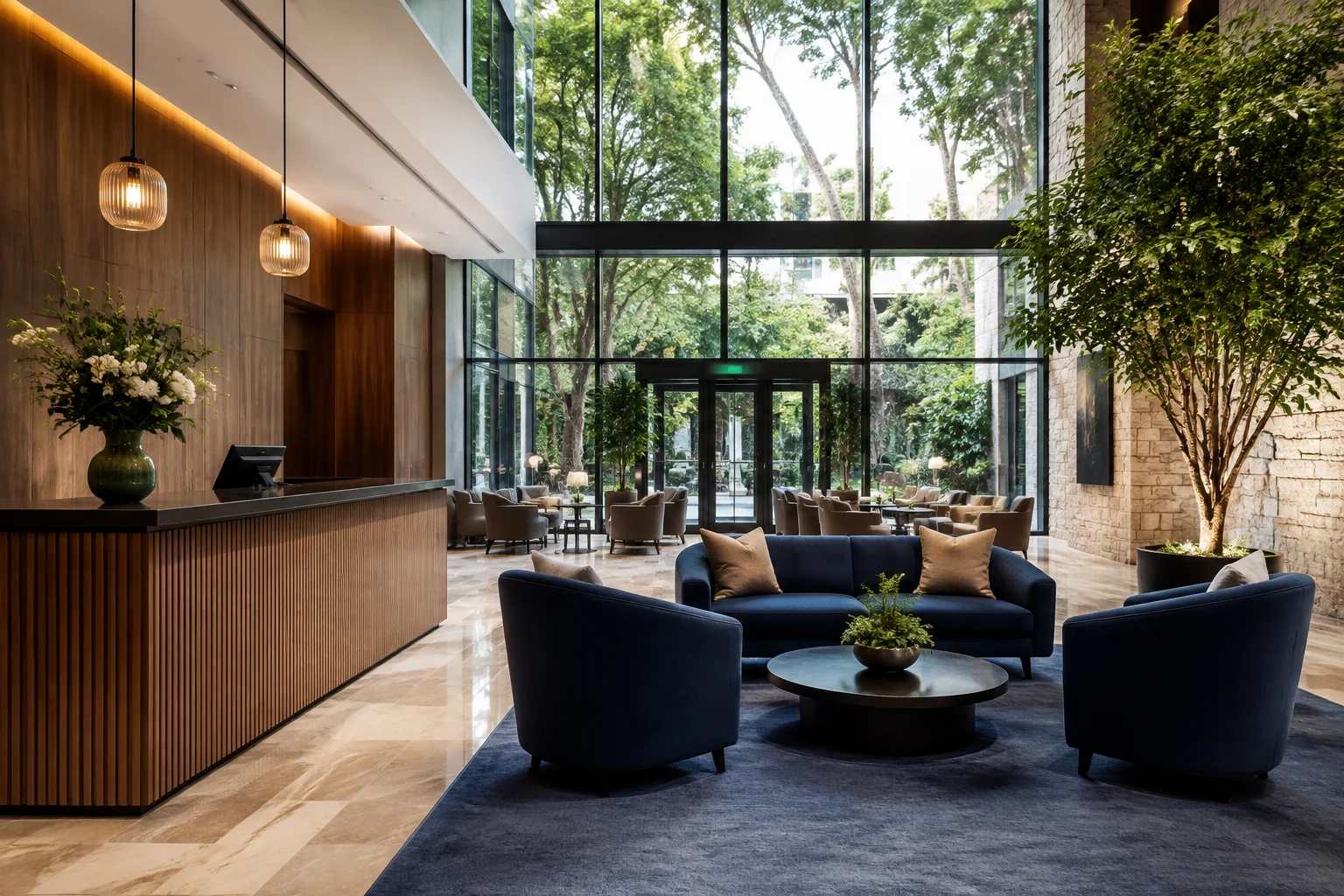 Contemporary hotel lobby with warm natural finishes