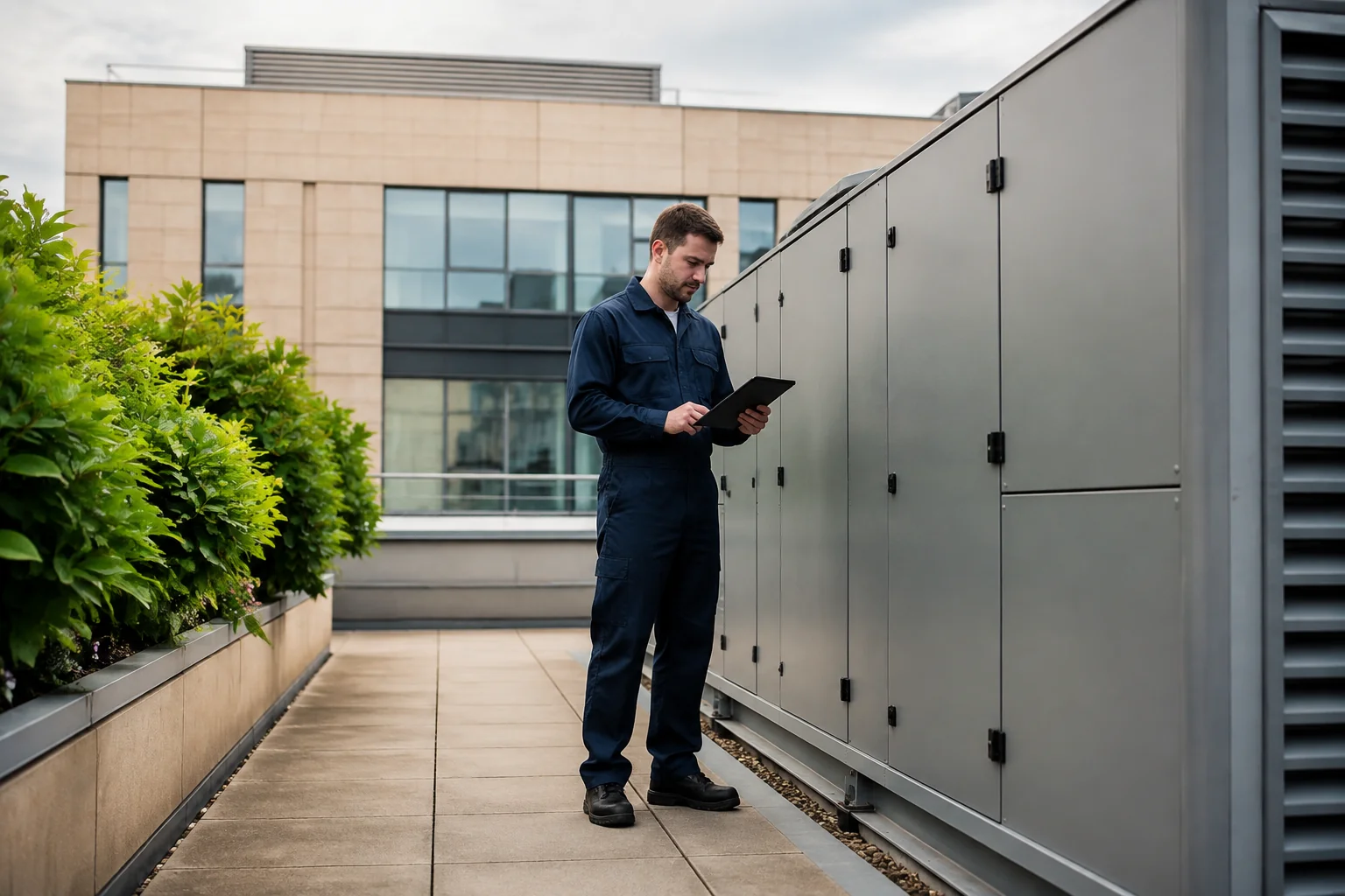 Mechanic calibrating pressure device Technician inspecting commercial rooftop HVAC equipment