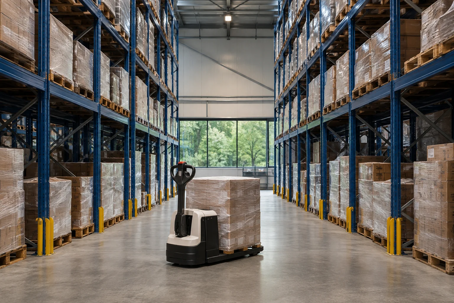 Organized distribution warehouse with storage racks
