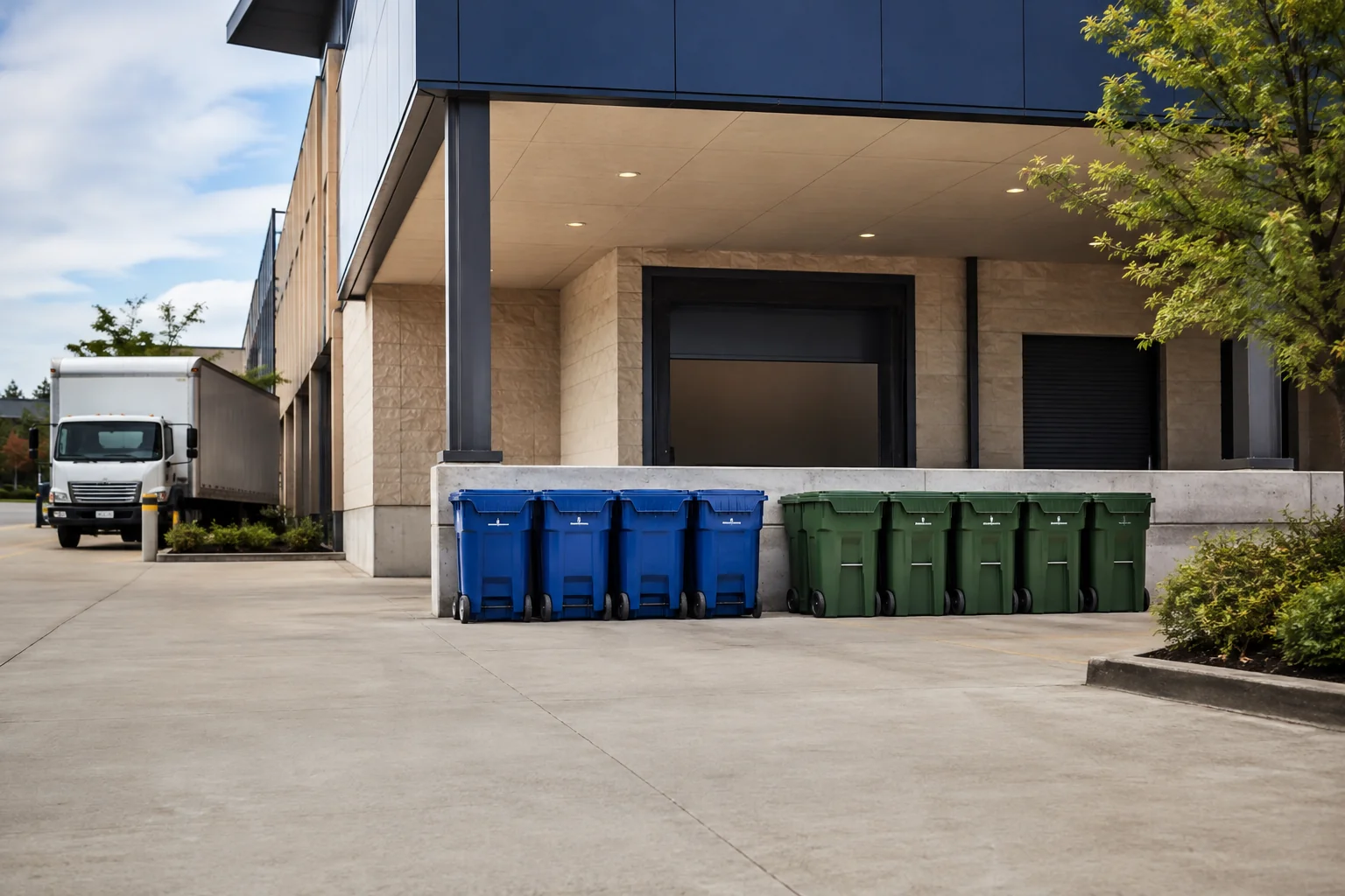 Waste and recycling containers at a commercial loading dock