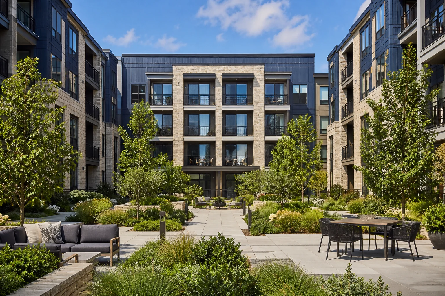 Apartment community overlooking a landscaped courtyard