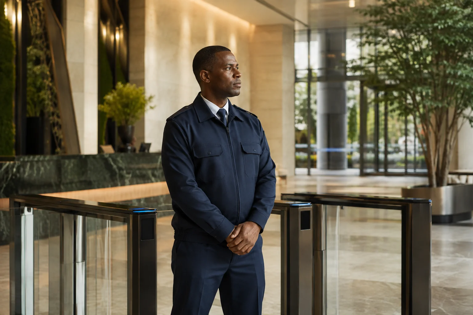facilities (51) Security officer at commercial building access gates